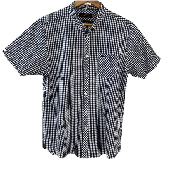 Ben Sherman Gingham Check Shirt Mens Size M Navy Blue Button Down Preppy Luxury - Picture 1 of 12